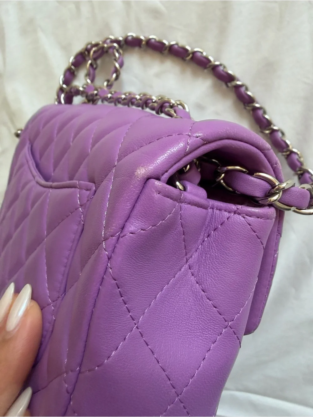 CHANEL Mini Quilted Lambskin Shoulder Bag in Lilac Purple with Silver Hardware
